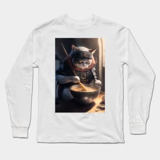 Shinobi cat eating ramen noodle, animae, japanese, food, ninja Long Sleeve T-Shirt